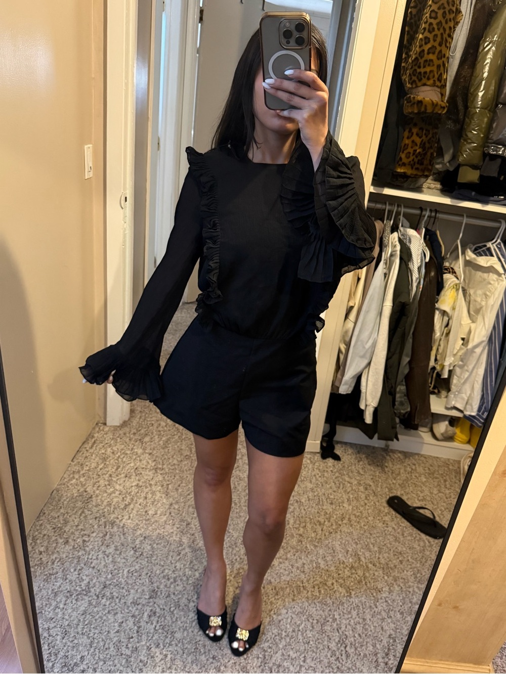 Zara Black Ruffle Long-Sleeve Romper